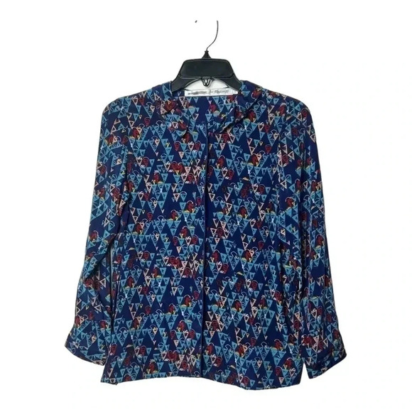 1616. UNITED BAMBOO‎ X MADEWELL 100% SILK FLORAL MOTIF DAMASK BATIK BLUE TOP XSM - Picture 2 of 10